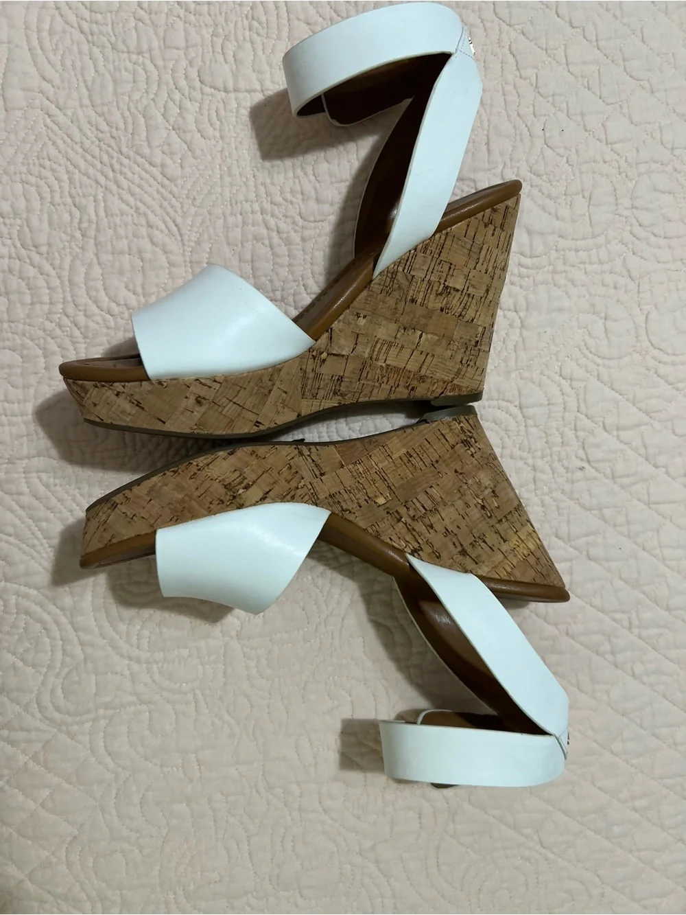 Tommy Hilfiger White Leather Ankle-Strap Cork Wedges